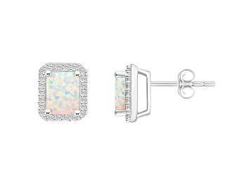 Picture of 7x5mm Emerald Cut Created Opal And Created White Sapphire 10k White Gold Halo Stud Earrings