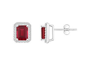 7x5mm Emerald Cut Created Ruby And Created White Sapphire 10k White Gold Halo Stud Earrings