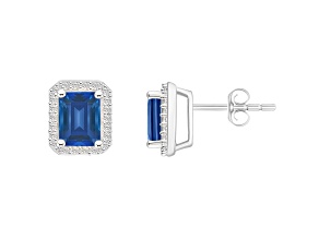 7x5mm Emerald Cut Created Sapphire And Created White Sapphire 10k White Gold Stud Earrings
