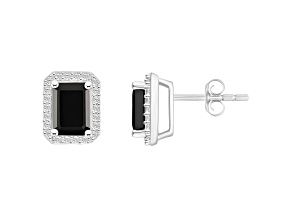 7x5mm Emerald Cut Black Onyx And Created White Sapphire 10k White Gold Halo Stud Earrings