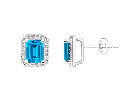 7x5mm Emerald Cut Blue Topaz And Created White Sapphire 10k White Gold Halo Stud Earrings