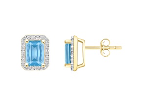 7x5mm Emerald Cut Simulated Aquamarine And Created White Sapphire 10k Yellow Gold Stud Earrings
