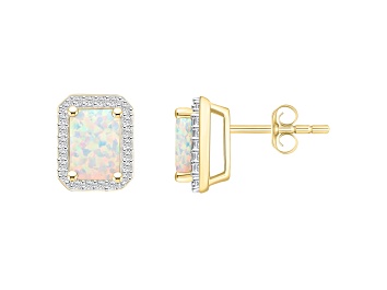 Picture of 7x5mm Emerald Cut Created Opal And Created White Sapphire 10k Yellow Gold Halo Stud Earrings