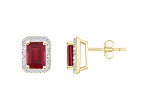 7x5mm Emerald Cut Created Ruby And Created White Sapphire 10k Yellow Gold Halo Stud Earrings