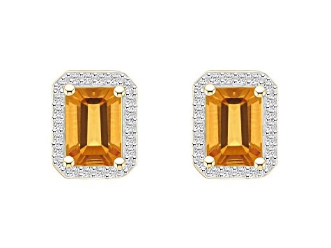 7x5mm Emerald Cut Citrine And Created White Sapphire 10k Yellow Gold Halo Stud Earrings