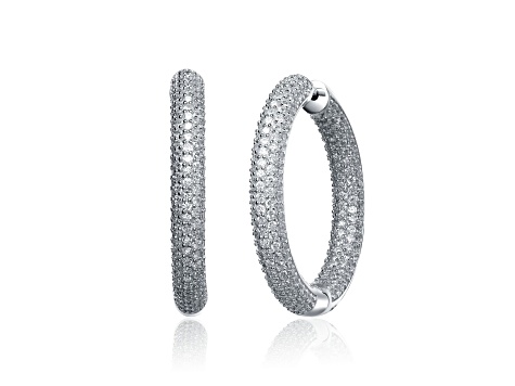 Clear Cubic Zirconia, Rhodium Plated over Sterling Silver Heavy Hoop Earrings