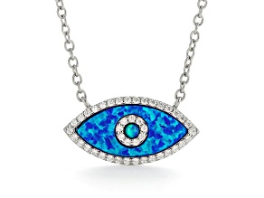 Lab Created Blue Opal with Cubic Zirconia Accents Rhodium Over Sterling Silver Evil Eye Necklace