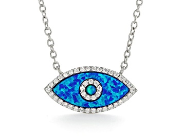 Picture of Lab Created Blue Opal Pendant with CZ Accents Rhodium Over Sterling Silver Evil Eye Necklace