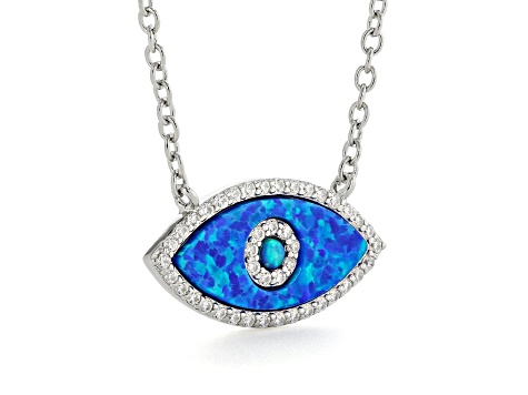 Lab Created Blue Opal with Cubic Zirconia Accents Rhodium Over Sterling Silver Evil Eye Necklace