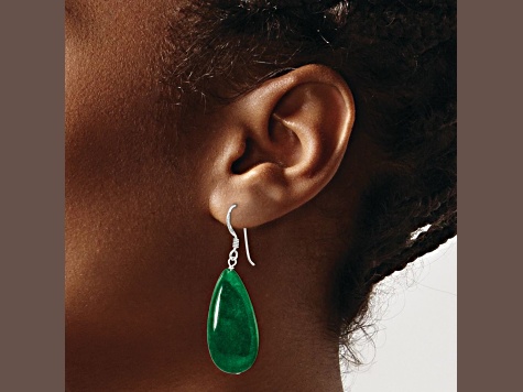 Sterling Silver Polished Green Jadeite Teardrop Dangle Earrings