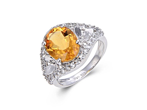 Oval Citrine with White Topaz Accents Sterling Silver Ring, 3.68ctw