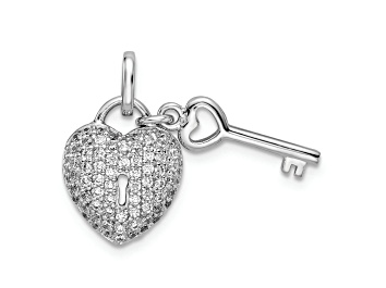 Picture of Rhodium Over Sterling Silver Cubic Zirconia Heart Lock and Key Pendant