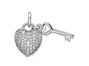 Rhodium Over Sterling Silver Cubic Zirconia Heart Lock and Key Pendant