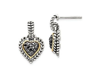 Picture of Sterling Silver Antiqued with 14K Accent Black Diamond Heart Earrings