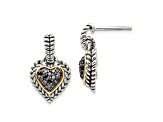 Sterling Silver Antiqued with 14K Accent Black Diamond Heart Earrings