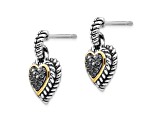 Sterling Silver Antiqued with 14K Accent Black Diamond Heart Earrings