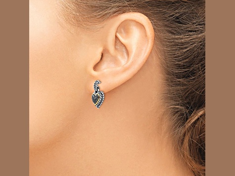 Sterling Silver Antiqued with 14K Accent Black Diamond Heart Earrings