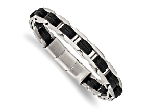 Black Leather and Stainless Steel Brushed 7.75-inch with 0.5-inch Extension Bracelet