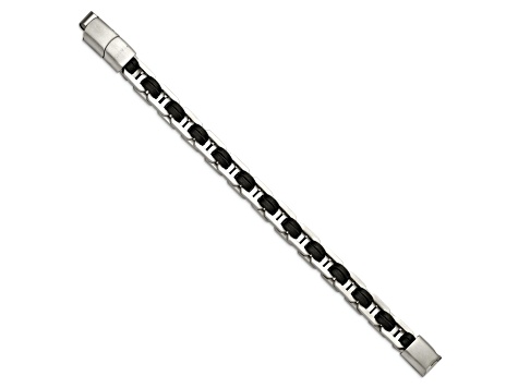 Black Leather and Stainless Steel Brushed 7.75-inch with 0.5-inch Extension Bracelet