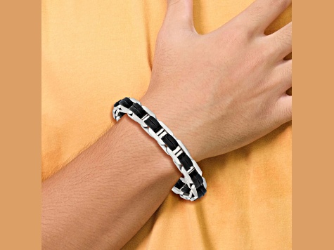 Black Leather and Stainless Steel Brushed 7.75-inch with 0.5-inch Extension Bracelet
