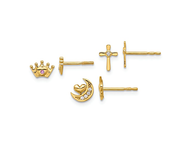 14k Yellow Gold Polished Cubic Zirconia Moon Cross and Crown Three Pair Stud Earrings Set