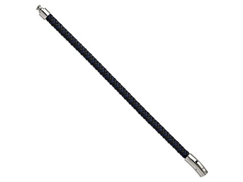 Black and Blue Braided Leather and Stainless Steel Polished 8.25-inch Bracelet