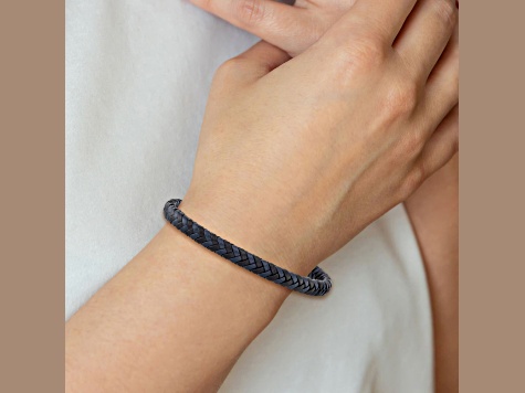 Black and Blue Braided Leather and Stainless Steel Polished 8.25-inch Bracelet