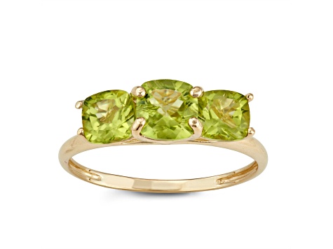 Square Cushion Peridot 3-Stone 10K Yellow Gold Ring 1.80ctw