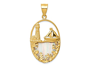 Picture of 14k Yellow Gold Textured Lab Created Opal Lighthouse Sailboat in Oval Pendant