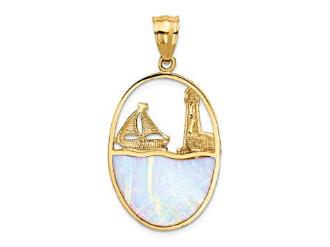 14k Yellow Gold Textured Lab Created Opal Lighthouse Sailboat in Oval Pendant