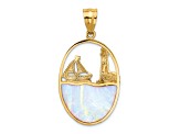 14k Yellow Gold Textured Lab Created Opal Lighthouse Sailboat in Oval Pendant