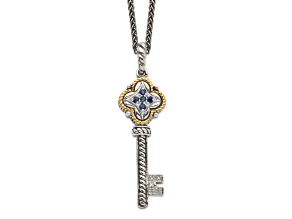 Sterling Silver Antiqued with 14K Accent Sapphire and Diamond Key Necklace