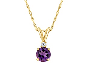 5mm Round Amethyst with Diamond Accent 14k Yellow Gold Pendant With Chain