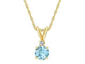 5mm Round Aquamarine with Diamond Accent 14k Yellow Gold Pendant With Chain
