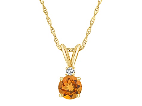 5mm Round Citrine with Diamond Accent 14k Yellow Gold Pendant With Chain