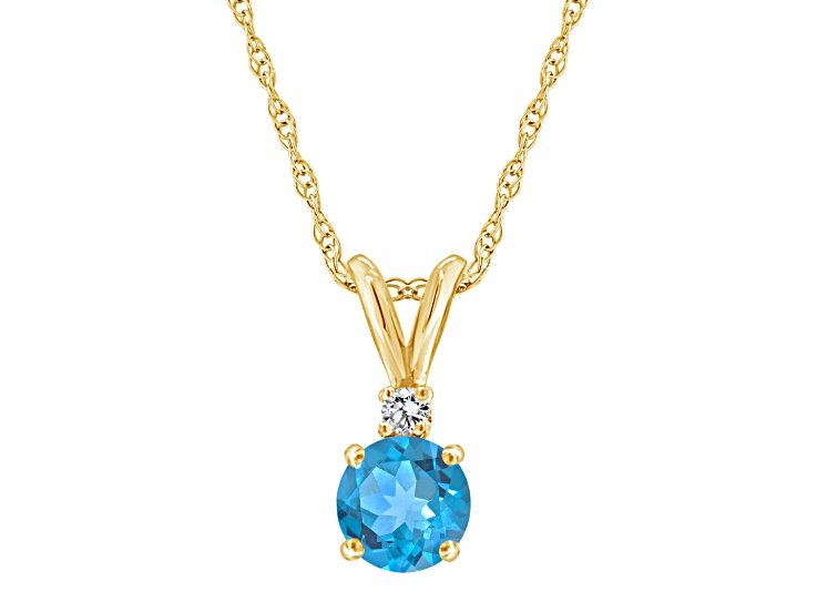 5mm Round Blue Topaz with Diamond Accent 14k Yellow Gold Pendant With Chain