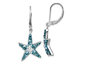 Rhodium Over Sterling Silver Polished Crystal Starfish Leverback Earrings