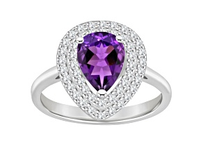 8x5mm Pear Shape Amethyst And White Topaz Accents Rhodium Over Sterling Silver Double Halo Ring