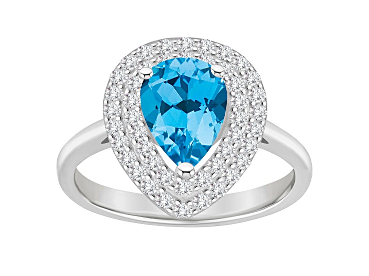 8x5mm Pear Shape Swiss Blue Topaz And White Topaz Rhodium Over Sterling Silver Double Halo Ring