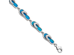 Rhodium Over Sterling Silver 7 Inch Lab Created Blue Opal Inlay Sandal Bracelet