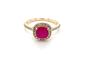 10K Yellow Gold Square Cushion Ruby and Diamond Halo Ring 1.58ctw