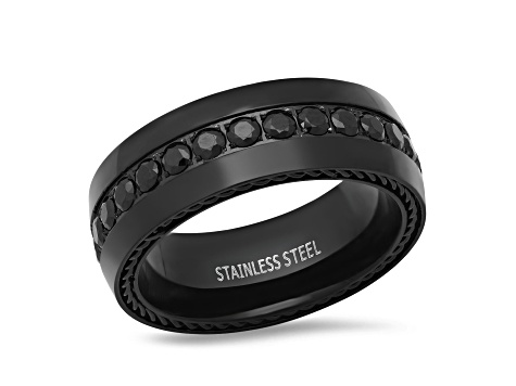 Men's Black Ion-Plated Stainless Steel and Cubic Zirconia Inlay Ring With Chain Accents 1.22ctw