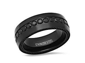 Men's Black Ion-Plated Stainless Steel and Cubic Zirconia Inlay Ring With Chain Accents 1.22ctw