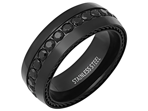 Men's Black Ion-Plated Stainless Steel and Cubic Zirconia Inlay Ring With Chain Accents 1.22ctw