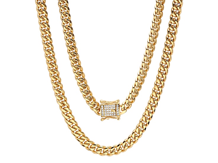 Men's 18K Yellow Gold Over Stainless Steel Miami Cuban Link Cubic Zirconia Necklace With Box Clasp