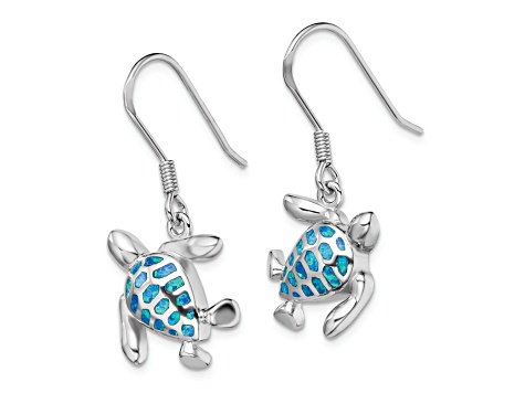 Rhodium Over Sterling Silver Lab Created Opal Turtle Earrings