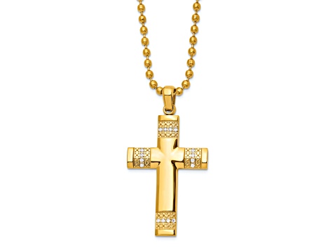 White Cubic Zirconia Stainless Steel  Yellow IP-plated Men's Cross Pendant With Chain