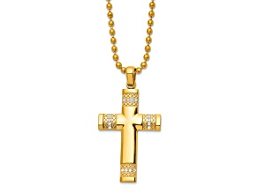 White Cubic Zirconia Stainless Steel  Yellow IP-plated Men's Cross Pendant With Chain