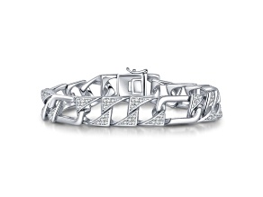 Clear Cubic Zirconia, Rhodium Plated over Sterling Silver with Mixed Cuban Chain Men's Bracelet