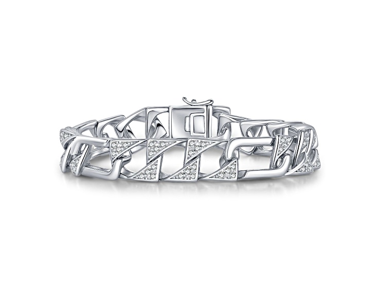 Clear Cubic Zirconia, Rhodium Plated over Sterling Silver with Mixed Cuban Chain Men's Bracelet